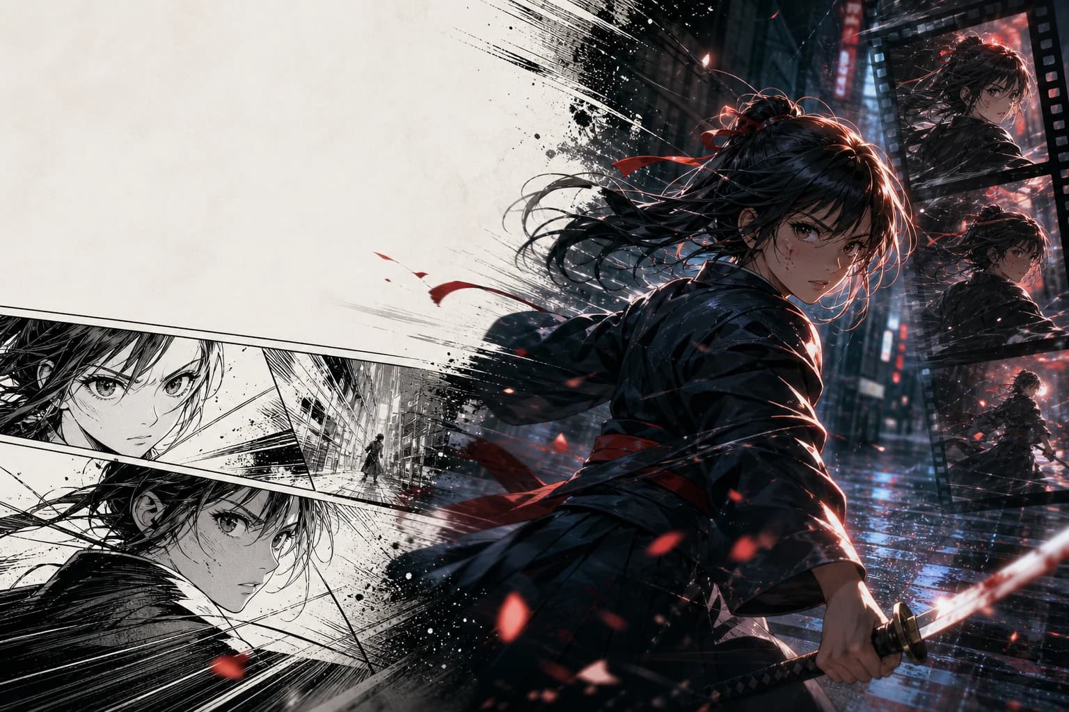 Black-and-white manga panels transforming into a cinematic animated scene