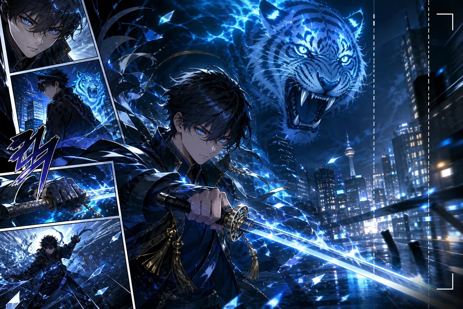 Korean full-color action manhwa panels transforming into a motiontoon scene