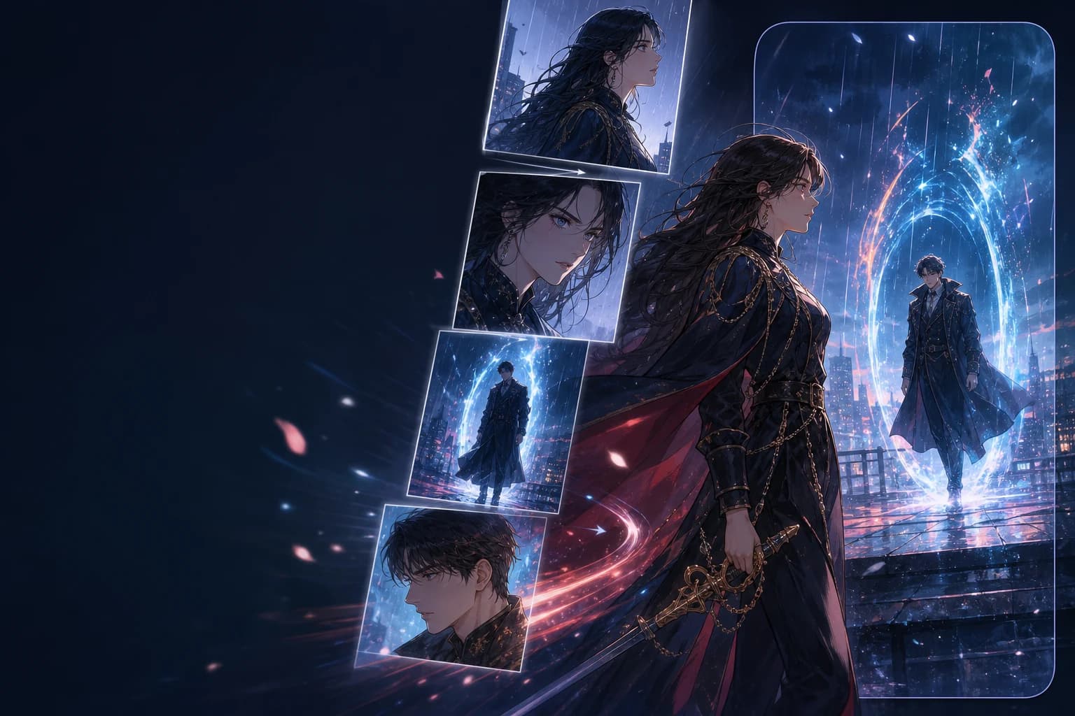 Full-color vertical webtoon panels transforming into a cinematic mobile video