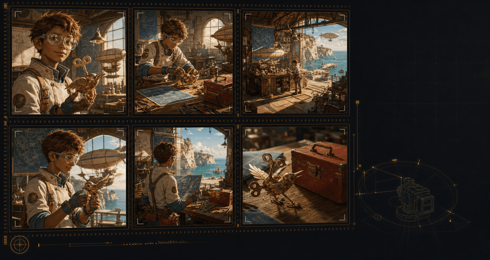 Generated storyboard panels showing consistent character, location, and prop continuity