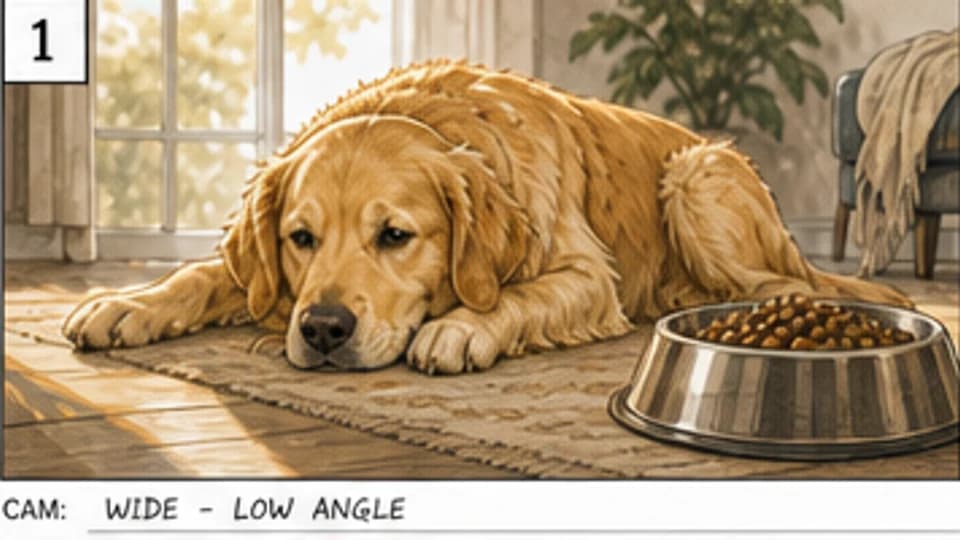 Commercial storyboard shot of a tired golden retriever beside an untouched food bowl