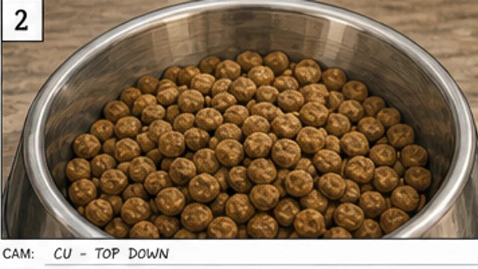 Commercial storyboard close-up of plain kibble in a metal bowl