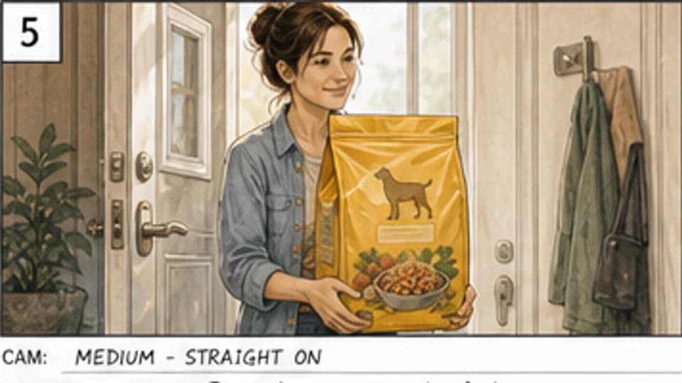 Commercial storyboard shot of an owner entering with a premium dog food bag