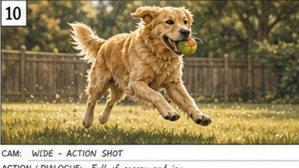Commercial storyboard action shot of an energetic golden retriever running with a toy