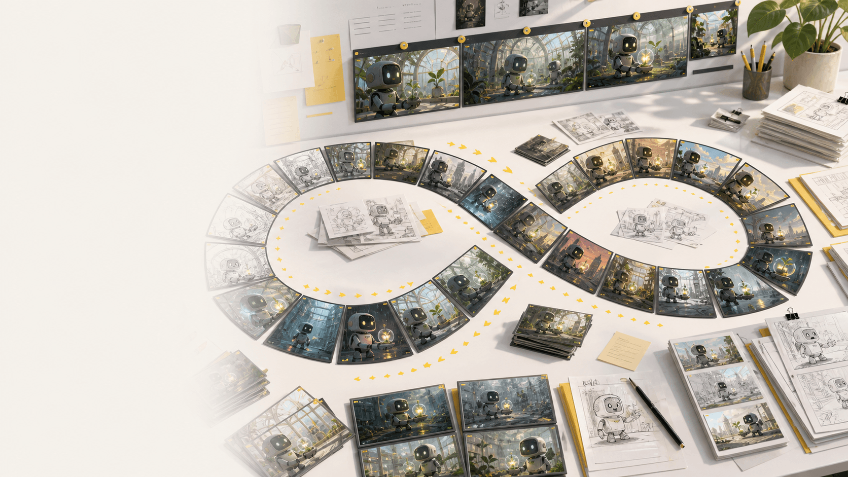 Generated spiral of storyboard panels showing unlimited AI storyboard iterations