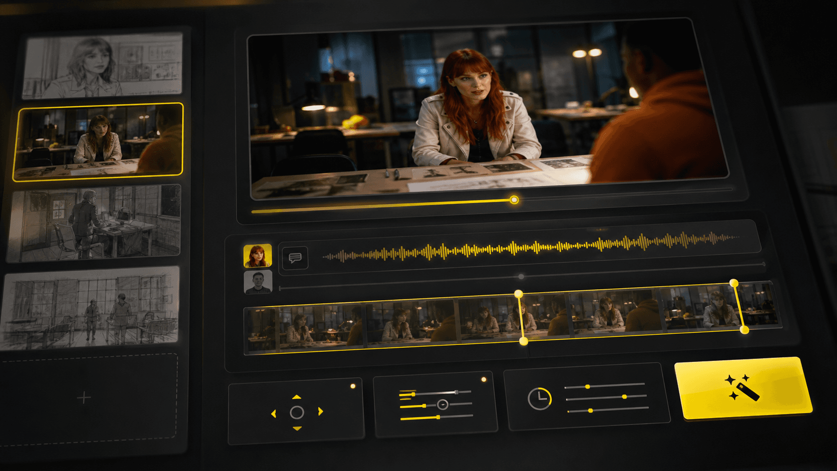 Generated storyboard dialogue and timing controls preview