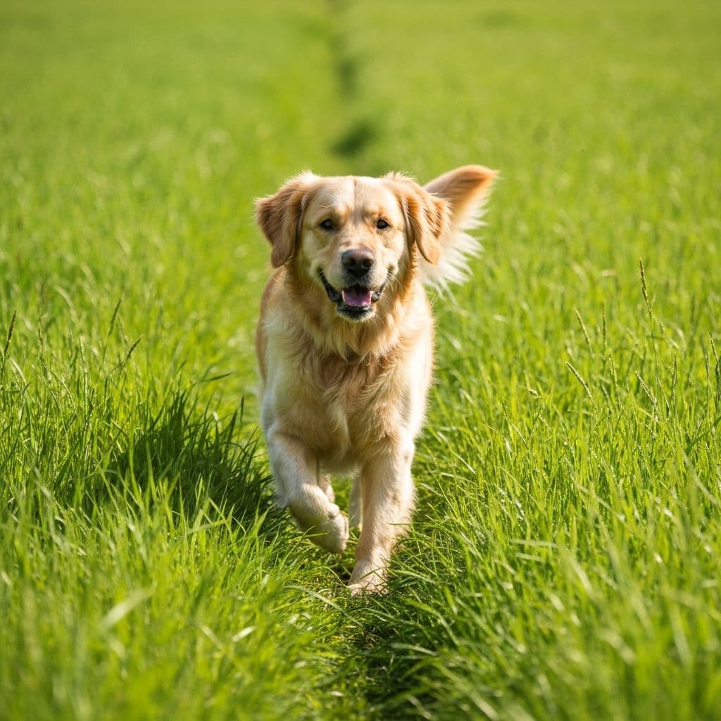 A happy golden retriever running through green grass