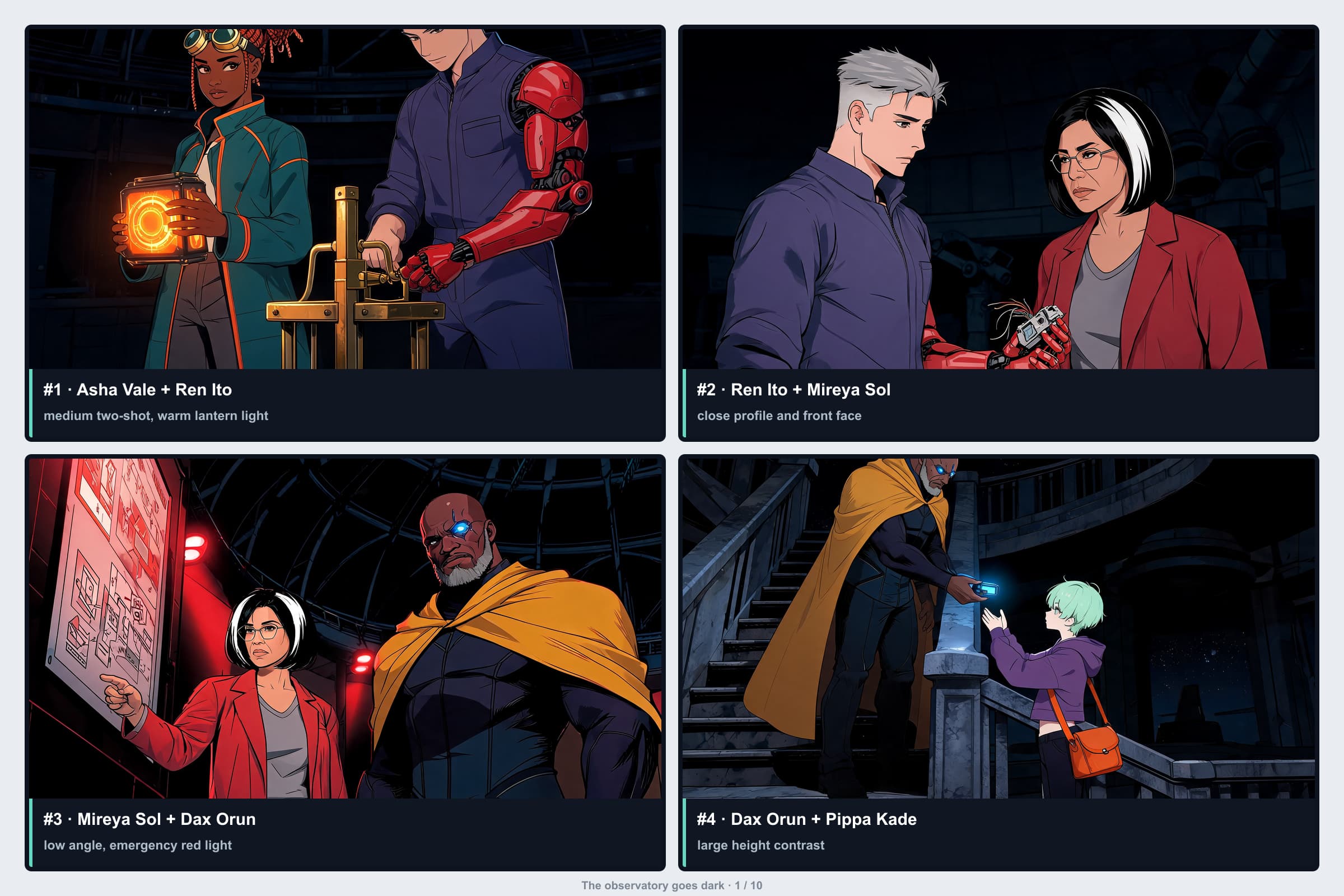 L-ewwel paġna ta’ reviżjoni b’erba’ panels ta’ The Lantern Relay b’tikketti tal-kast u ta’ sfida tal-kamera