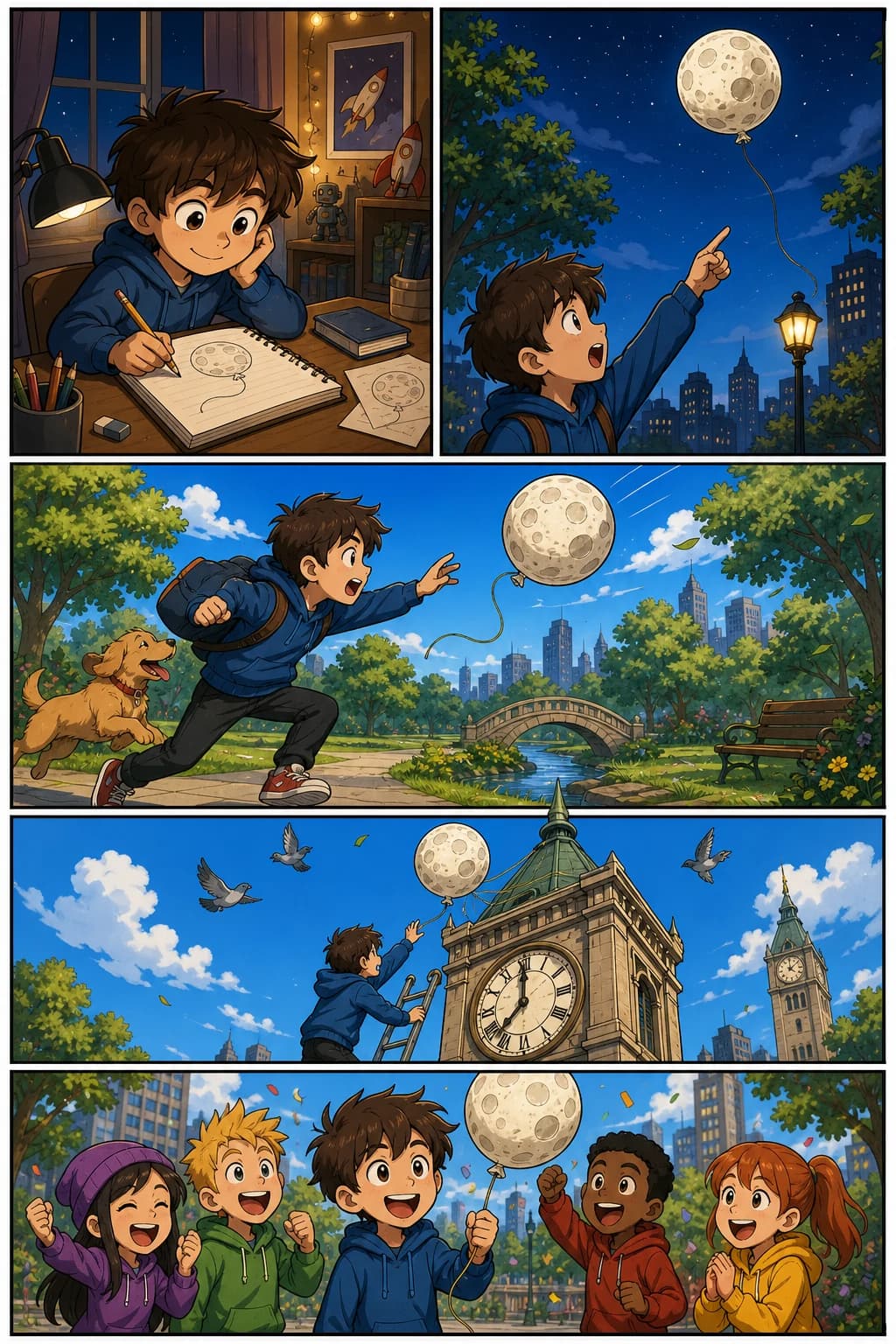 Cartoon comic page generated from a text story idea
