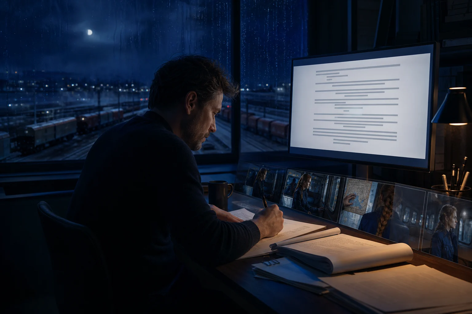 A screenwriter working beside a screenplay editor and a continuous sequence of cinematic train storyboard frames