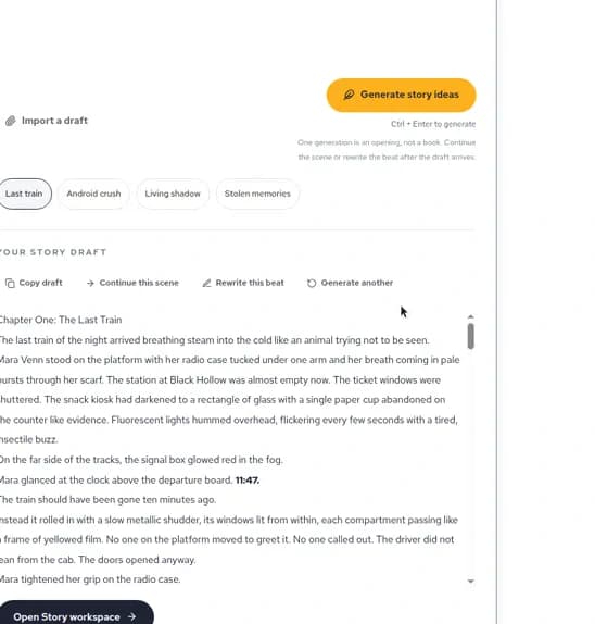 LlamaGen story generator studio with a prompt, sample draft, and Continue this scene