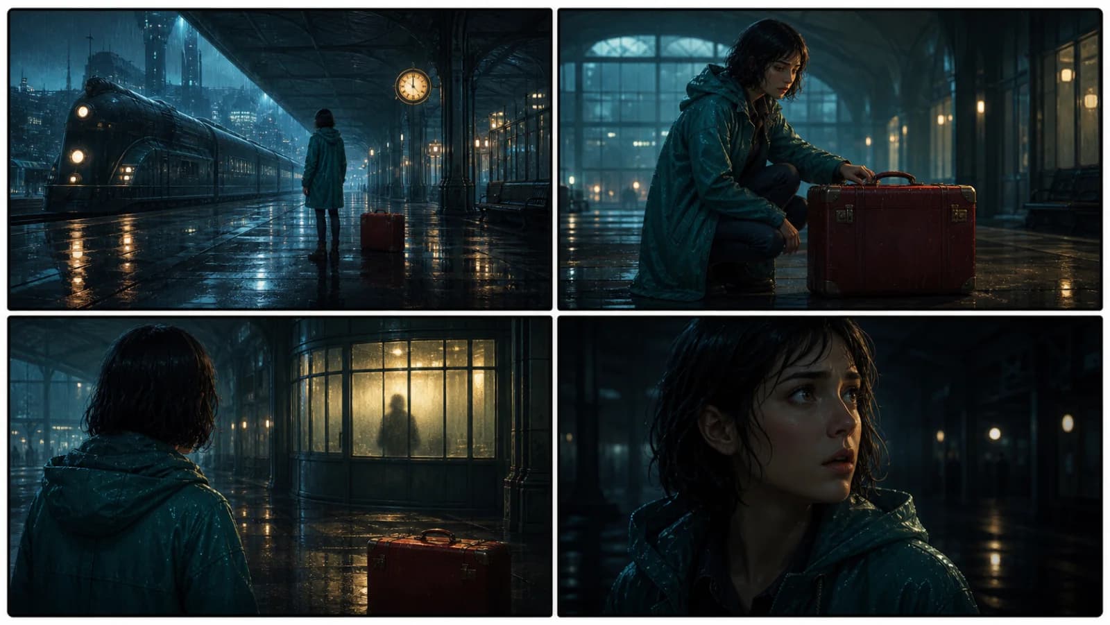Four connected storyboard shots showing Mara in a teal raincoat discovering a red suitcase at a rainy train station