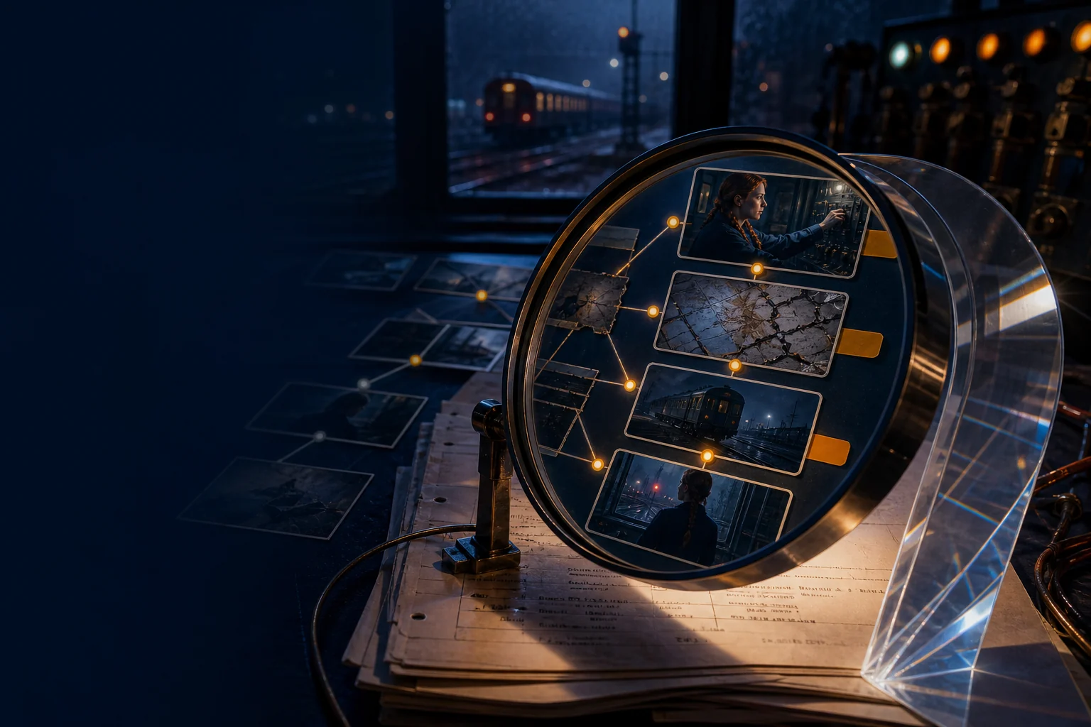 A precision optical lens resolving screenplay scene cards into a clear cause-and-effect chain