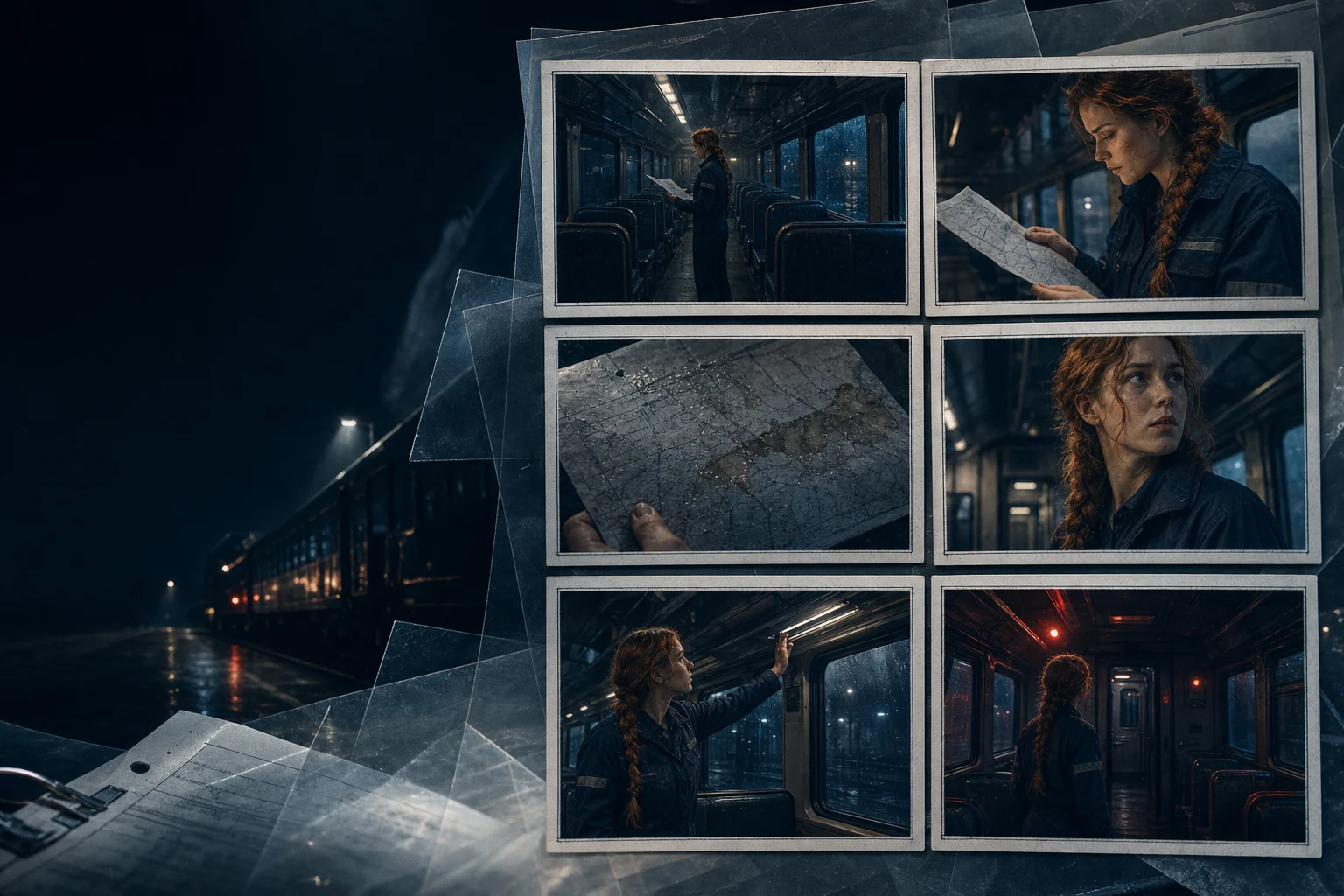 Six consistent cinematic storyboard frames following one character through a suspenseful train scene