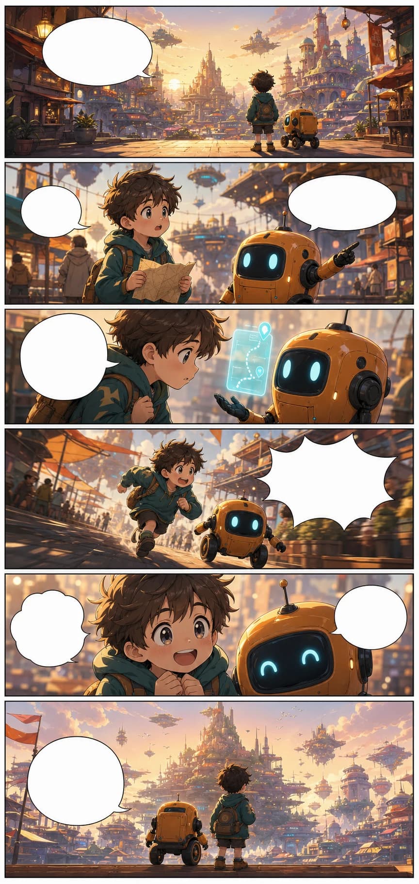 Eksempel på vertikal webtoon-episode med konsekvente karakterer av barn og leveringsrobot