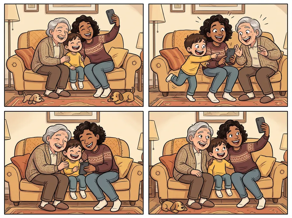 Four-panel living-room family selfie comic example
