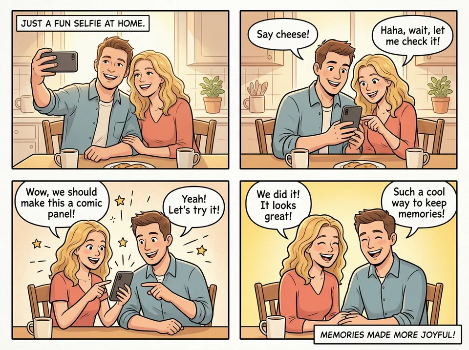 Four-panel selfie comic example generated with AI