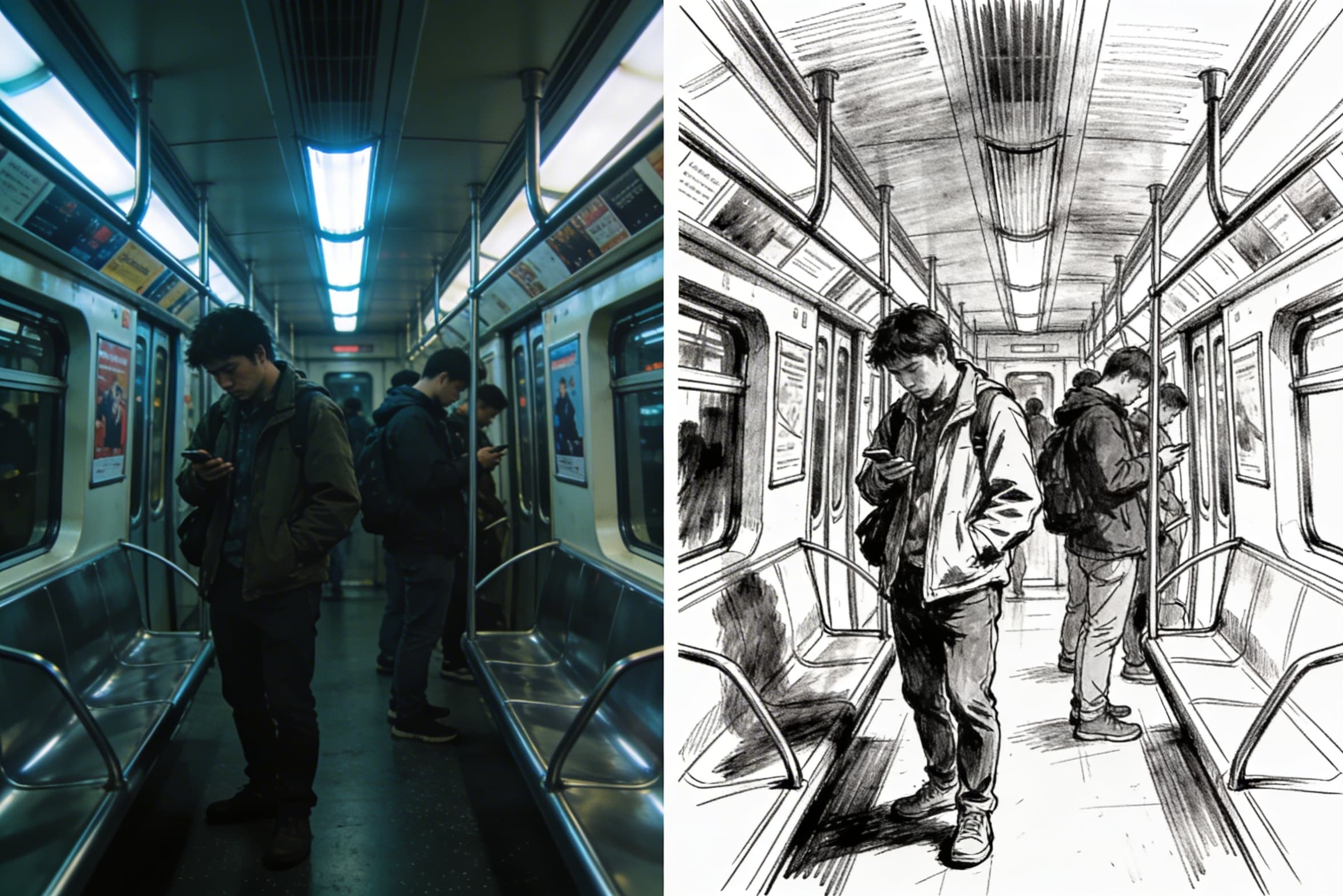 Subway Commute - Monochrome Sketch