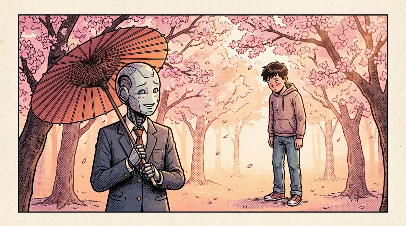 Illustrated novel scene with two students beneath cherry blossoms