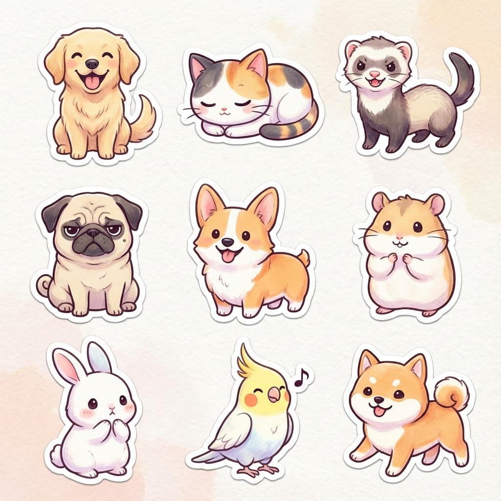 Lembar chibi hewan peliharaan — emosi beragam