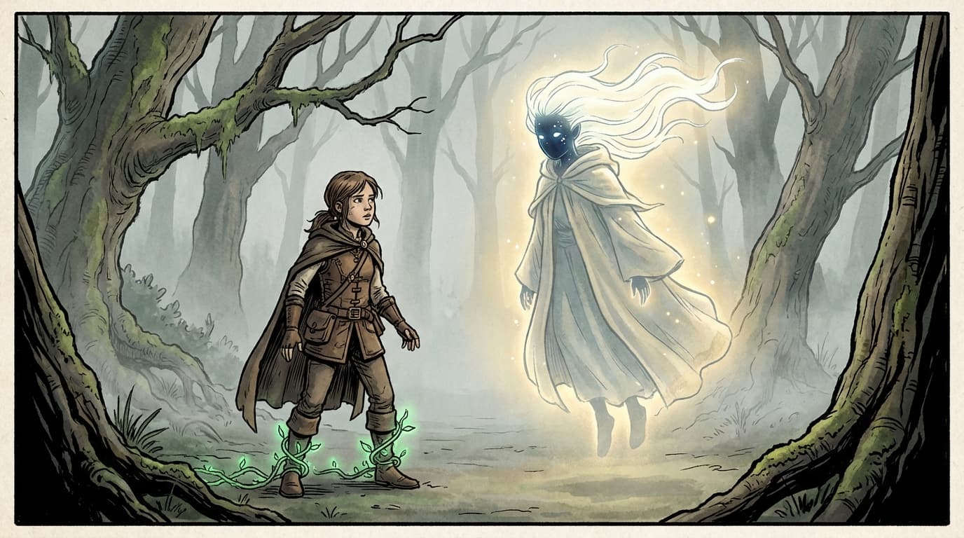 Fantasy novel scene with a lost girl and a forest spirit