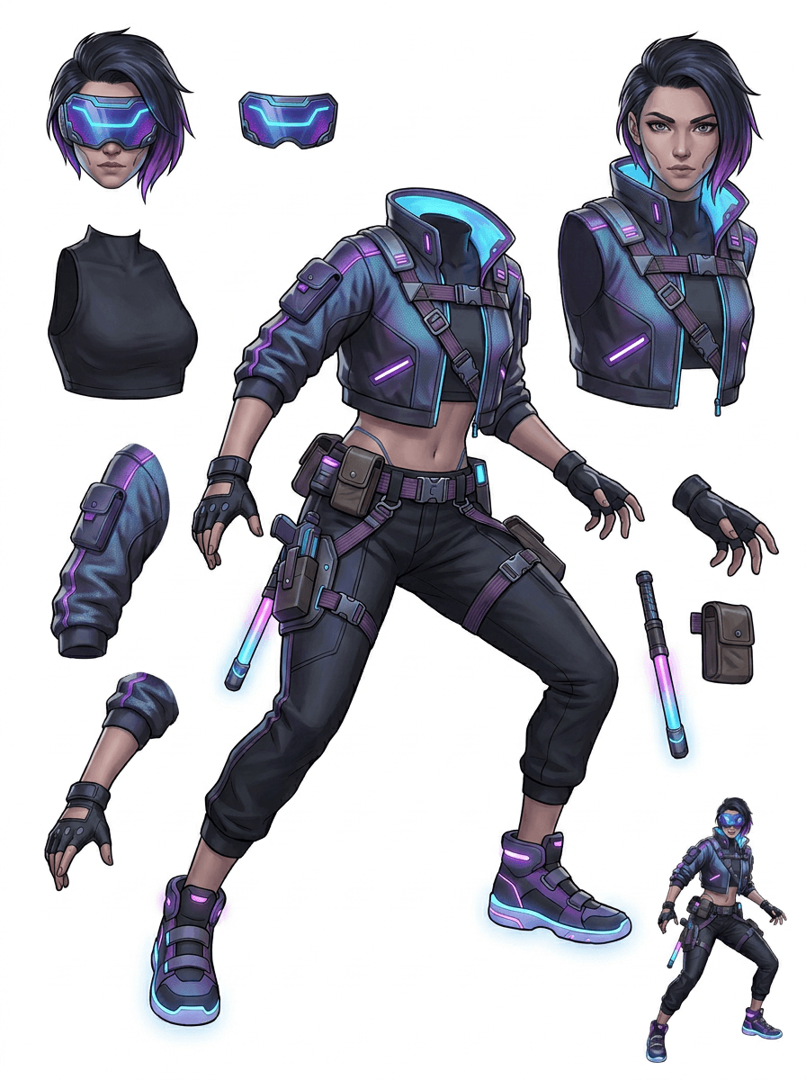 Pipeline AI layer splitter yang menampilkan karakter game cyberpunk dipisahkan menjadi beberapa bagian aset produksi