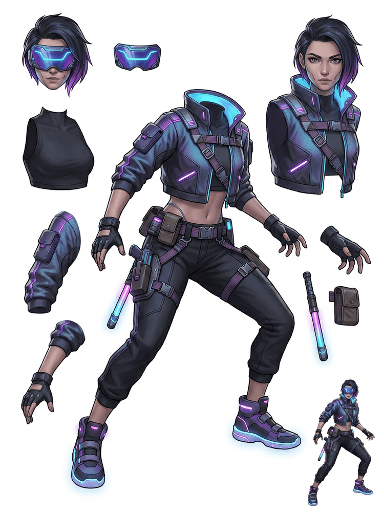 Lembar aset terpisah untuk hero pelari game cyberpunk