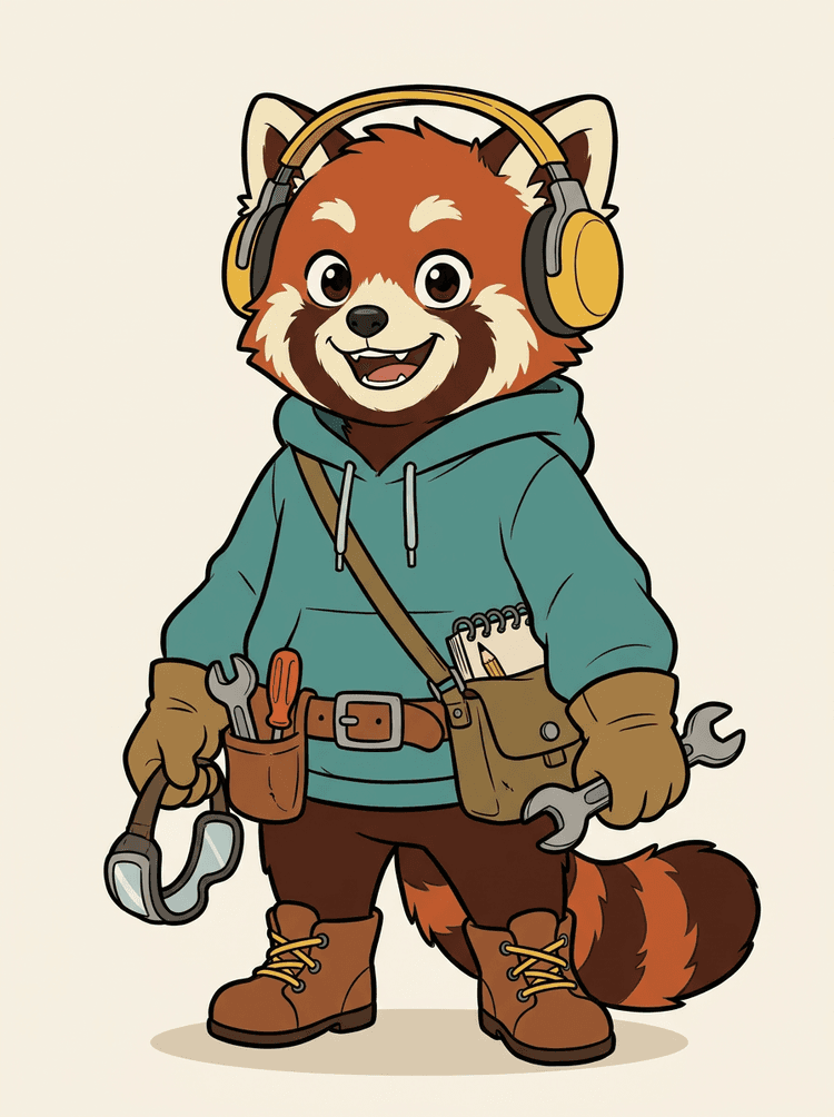 Gambar sumber maskot studio panda merah kartun full-body