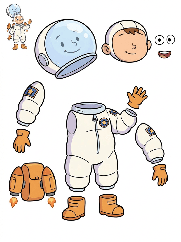 Lembar aset terpisah untuk karakter anak astronot kartun