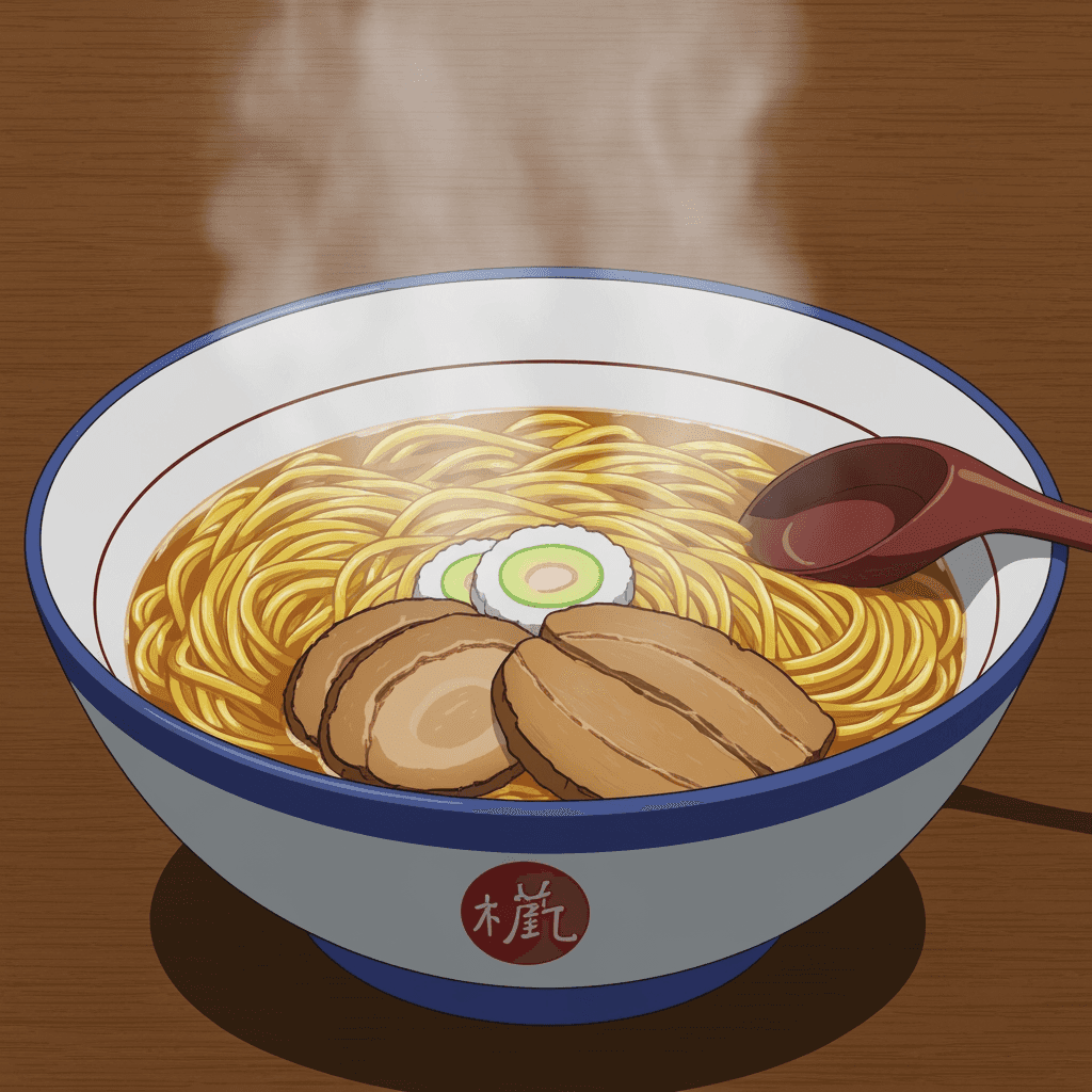 Semangkuk ramen panas mengepul menjadi fokus utama, diletakkan di tengah meja kayu. Gambar diambil dari sudut sedikit tinggi tiga-perempat, memungkinkan seluruh isi mangkuk tampak jelas. Pencahayaan lembut dan diffuse, datang dari atas dan sedikit ke kiri, menghasilkan kilau halus pada mie dan efek uap realistis dari kuah panas. Palet warna hangat dan alami: mie kuning keemasan, irisan daging coklat pekat, hiasan narutomaki putih krem dan hijau pucat.