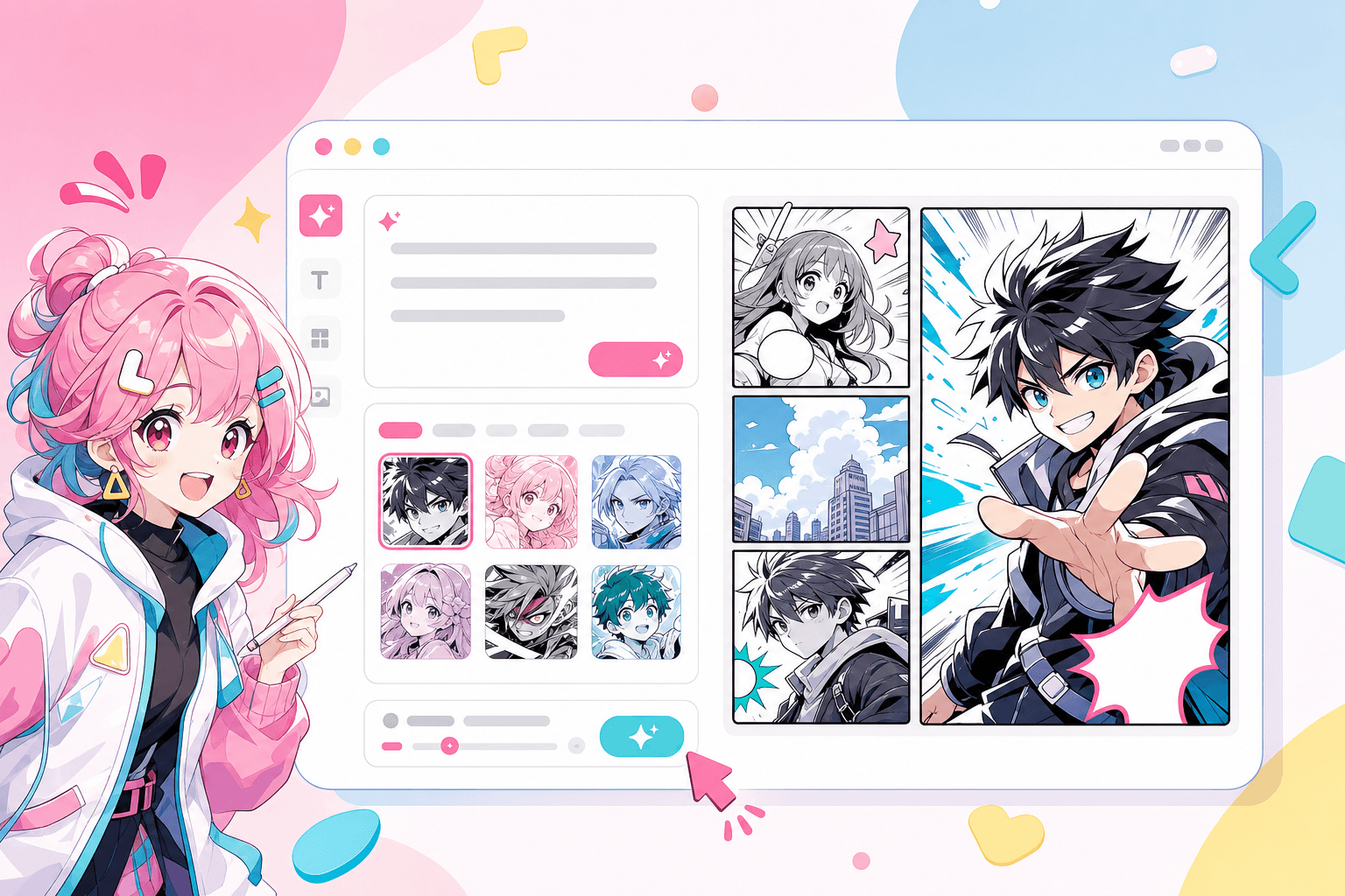 AI manga generator med automatisk sidelayout til browser-baseret skabelse