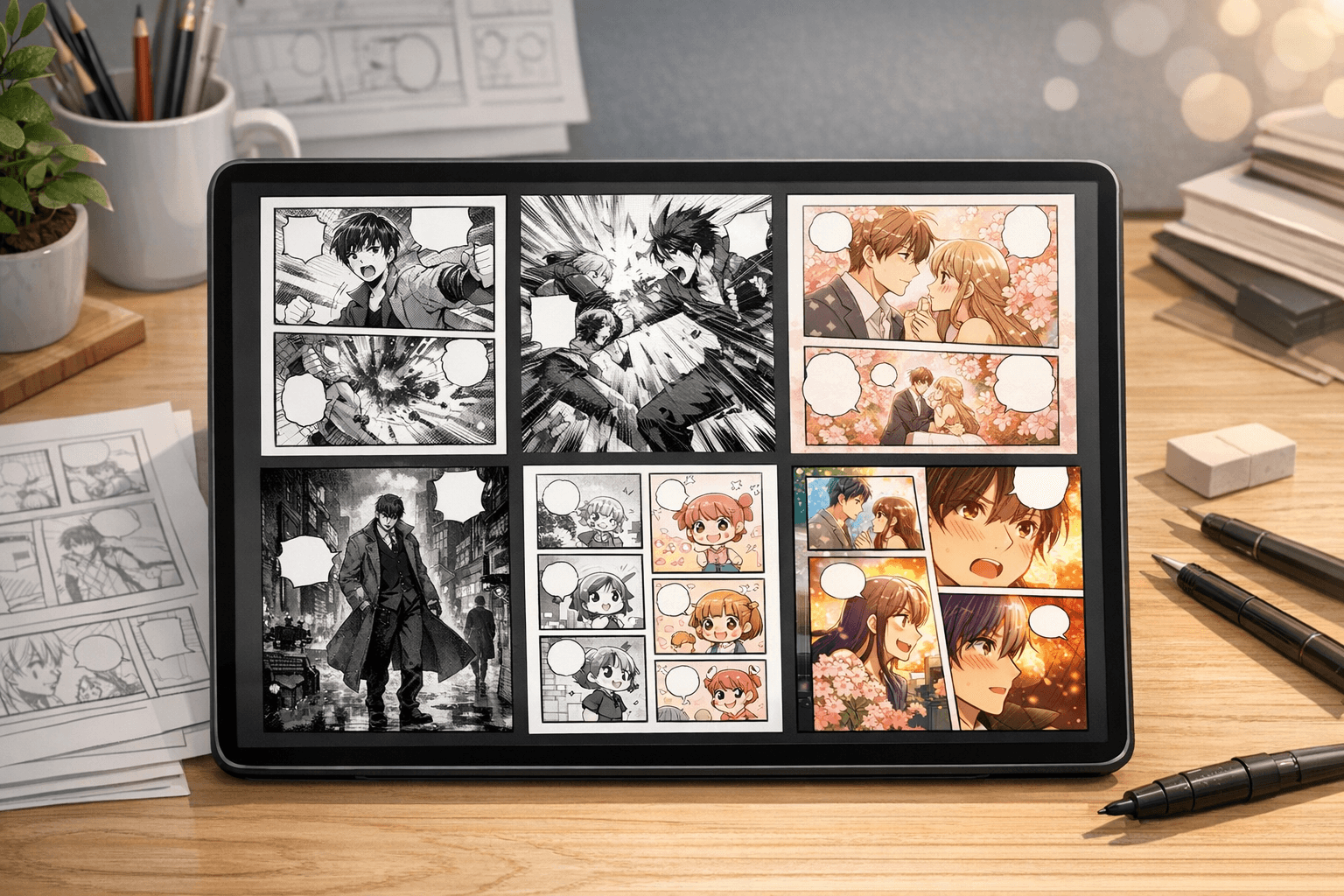 Pratinjau generator manga AI dengan halaman bergaya tinta klasik, shonen, shojo, seinen, chibi, dan manhwa