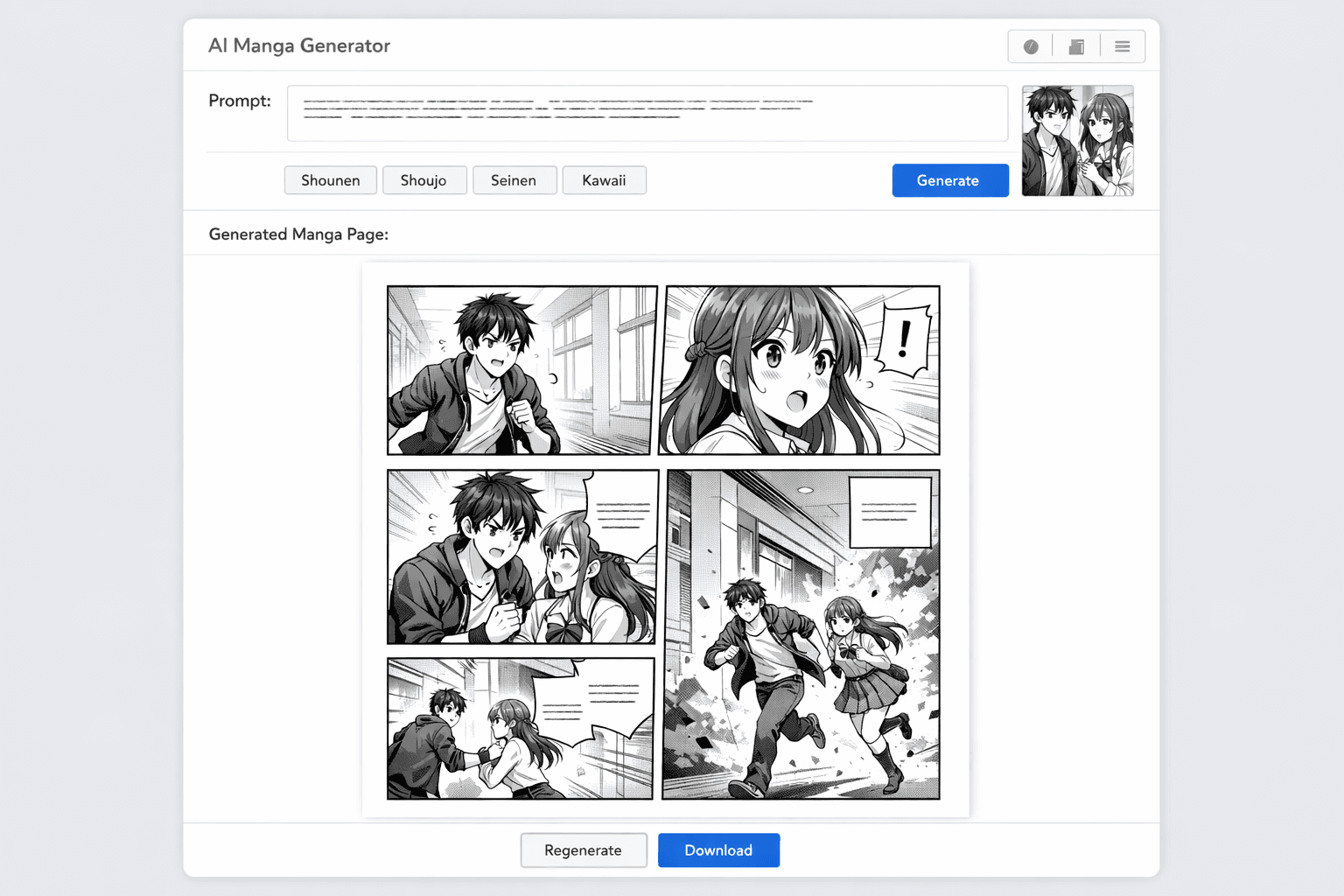 Antarmuka generator cerita manga AI yang membuat halaman manga multi-panel