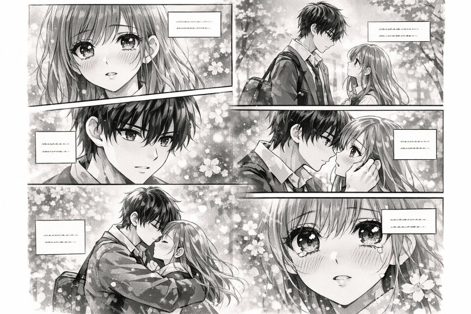 Contoh generator manga shojo AI dengan satu halaman manga emosional penuh