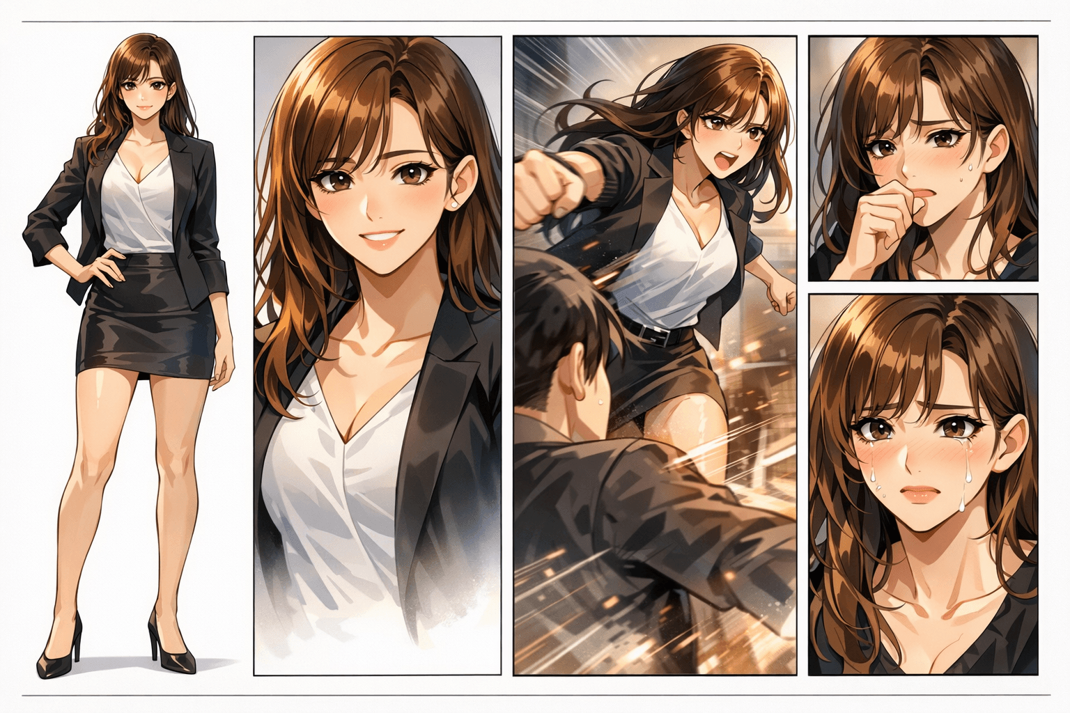 Board konsistensi karakter webtoon AI dengan heroine yang sama di berbagai ekspresi dan panel