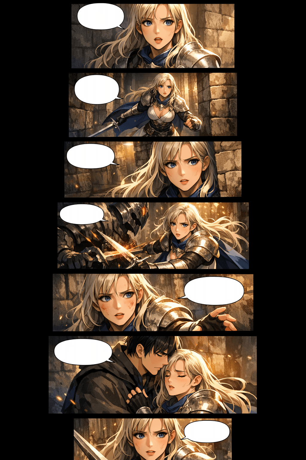 Hasil AI webtoon generator dengan panel komik scroll vertikal bertumpuk dan heroine fantasi yang konsisten