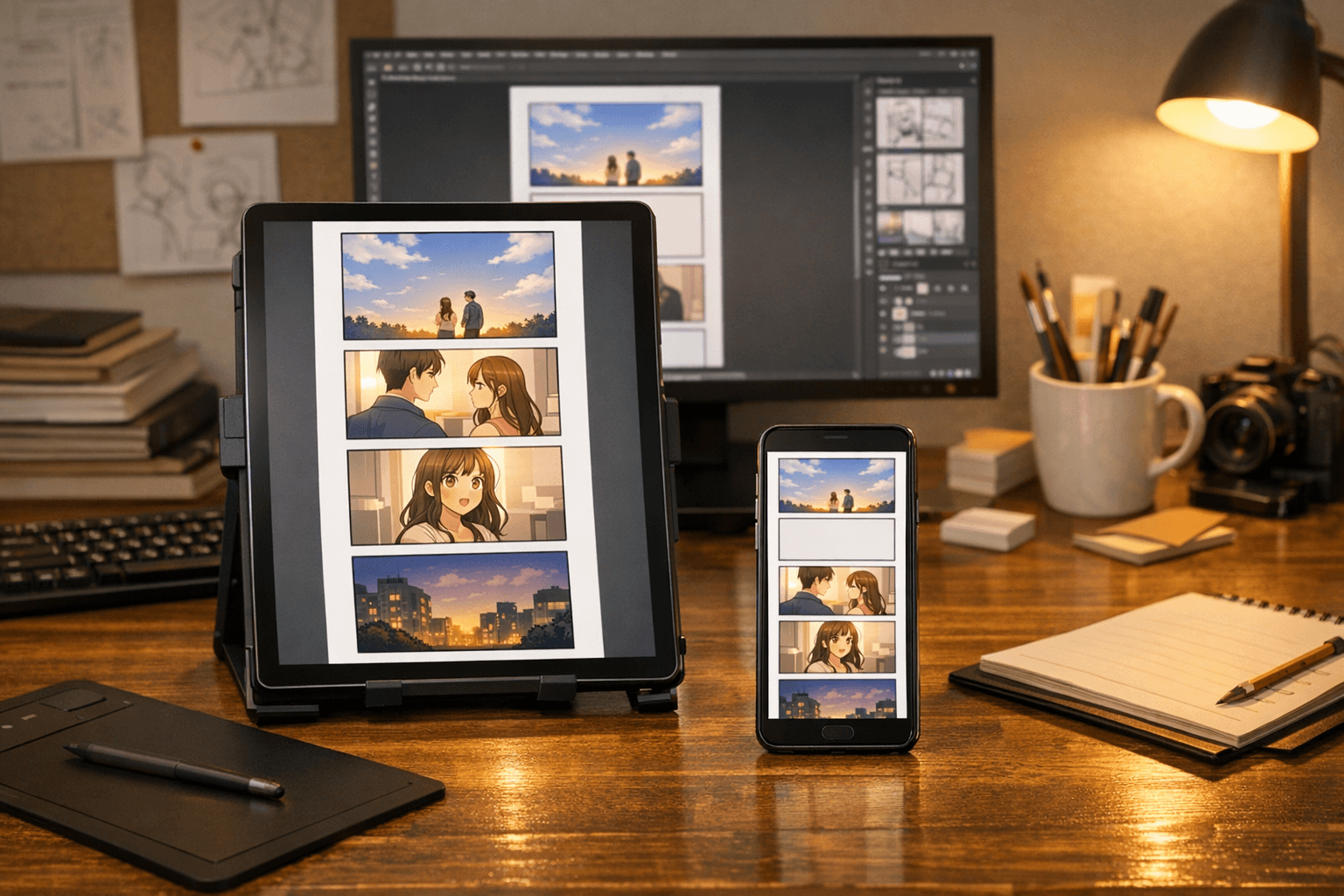 Workspace kreator yang mempreview halaman webtoon vertikal di tablet dan ponsel untuk ekspor platform