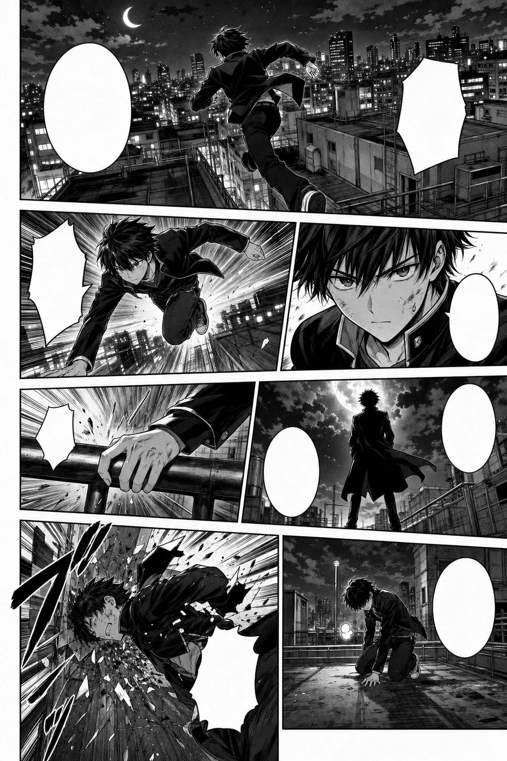 Urutan panel webtoon penuh aksi dalam gaya manga hitam-putih dengan gerakan di atap