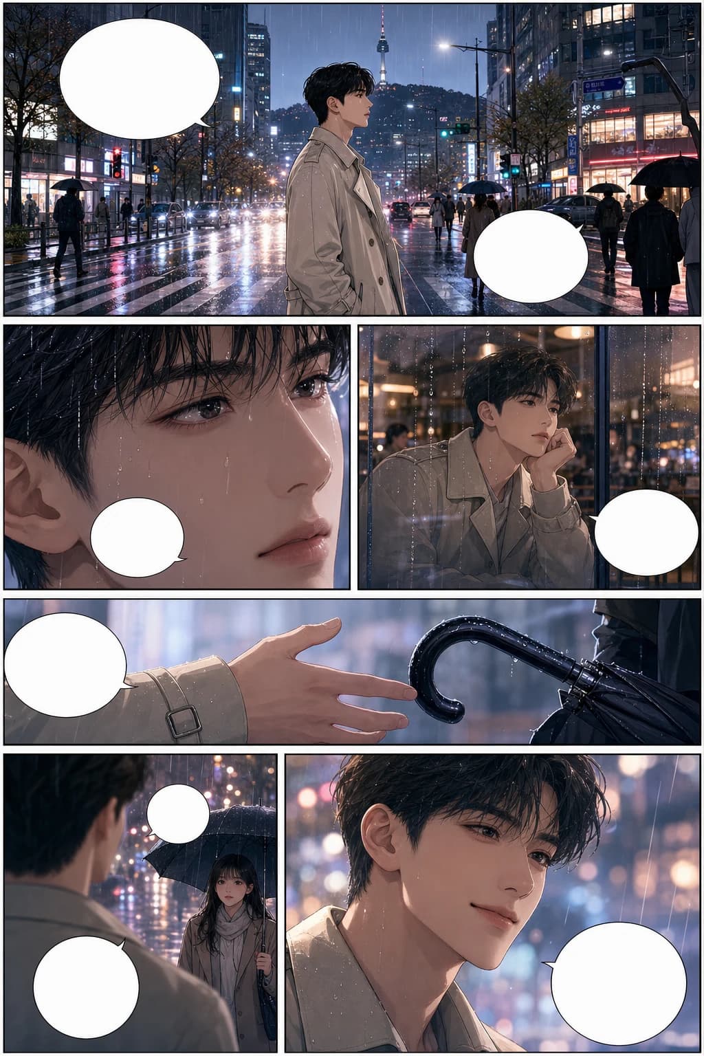 Adegan webtoon manhwa Korea romantis dengan karakter konsisten dan ritme panel kota saat hujan