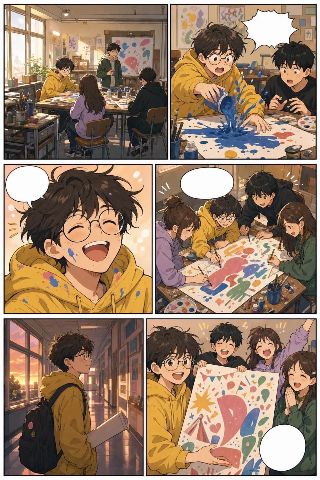 Halaman webtoon vertikal slice-of-life dengan panel klub seni sekolah dan format mobile yang hangat