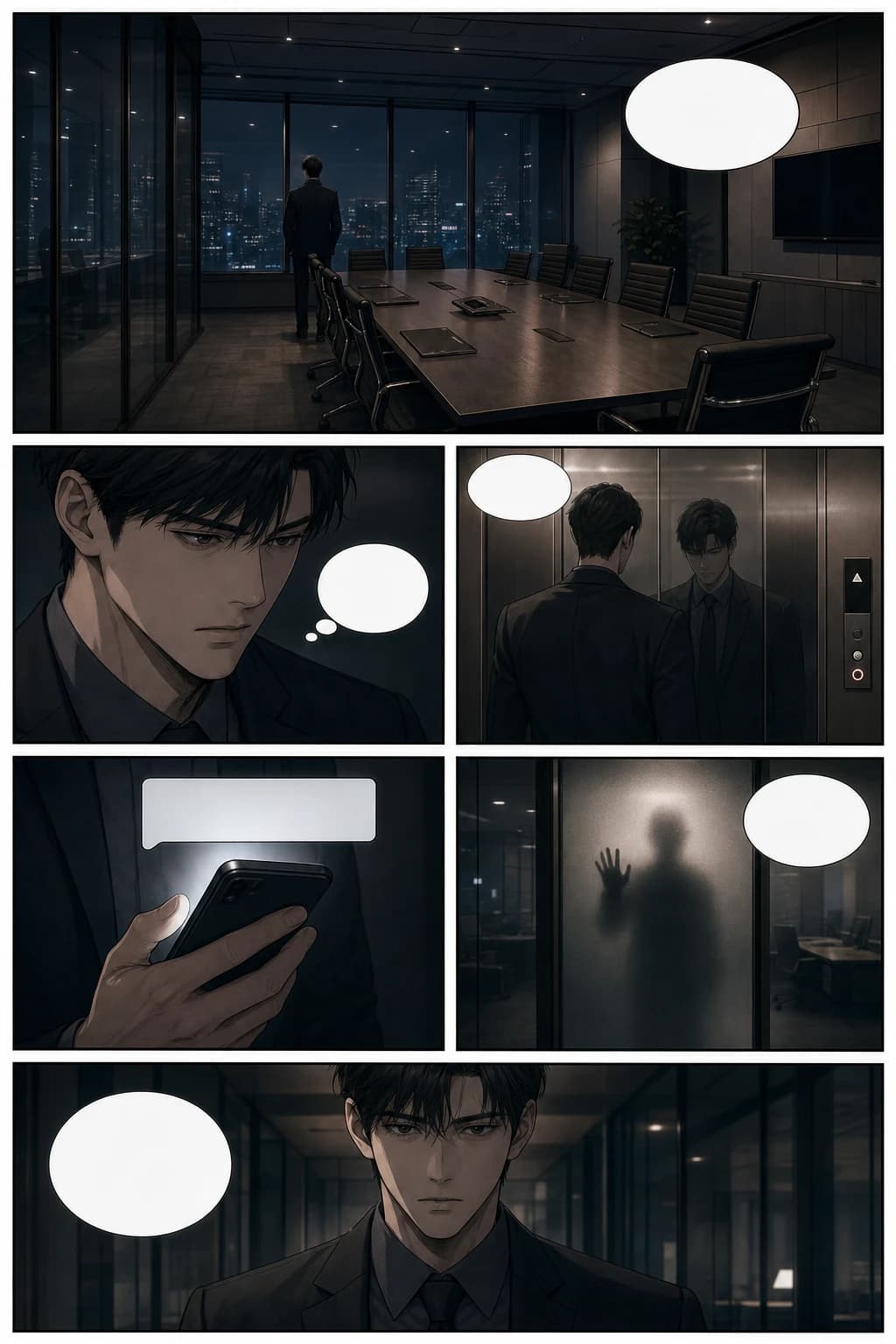 Halaman webtoon manhwa thriller dengan ketegangan kantor sinematik dan ritme scroll vertikal