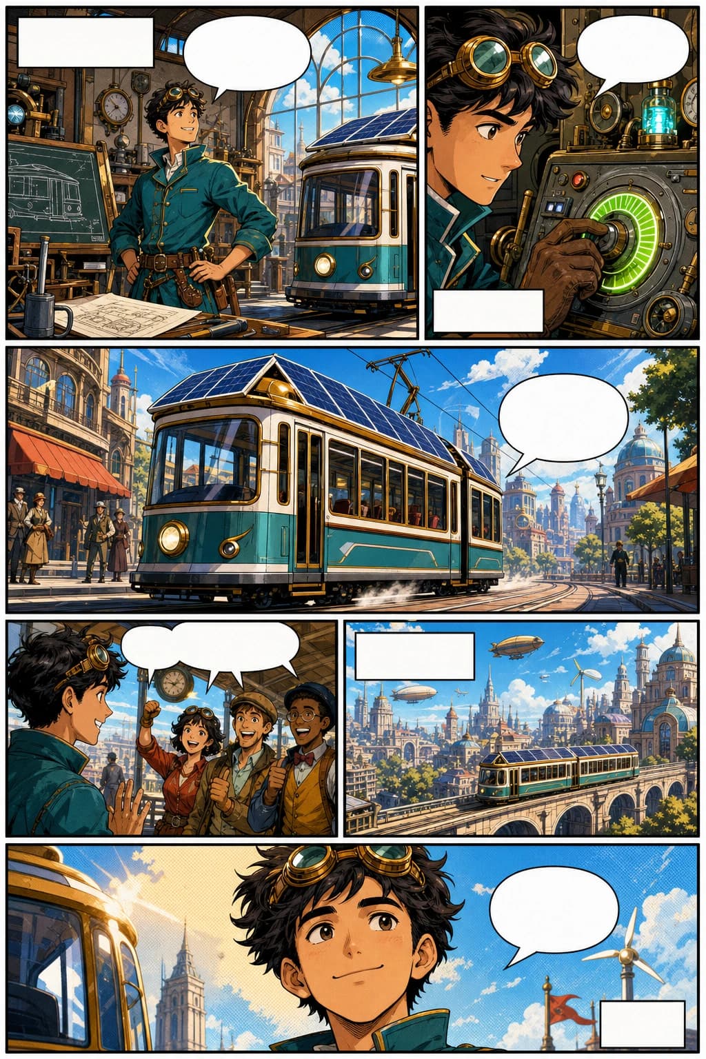 Halaman webtoon komik barat dengan penemu retro-futuristik dan panel vertikal yang tegas