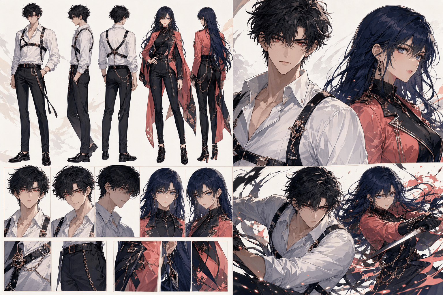 Original adult anime webtoon lead duo shown consistently across full-body views, portraits, expressions, costumes, and an action scene