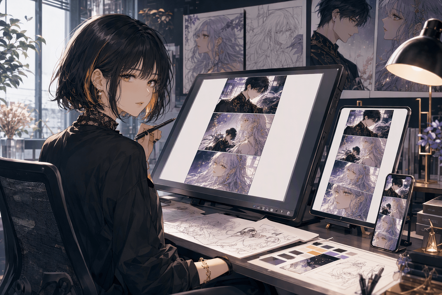Professional anime webtoon artist reviewing a vertical romance-fantasy episode across a pen display, tablet, and phone