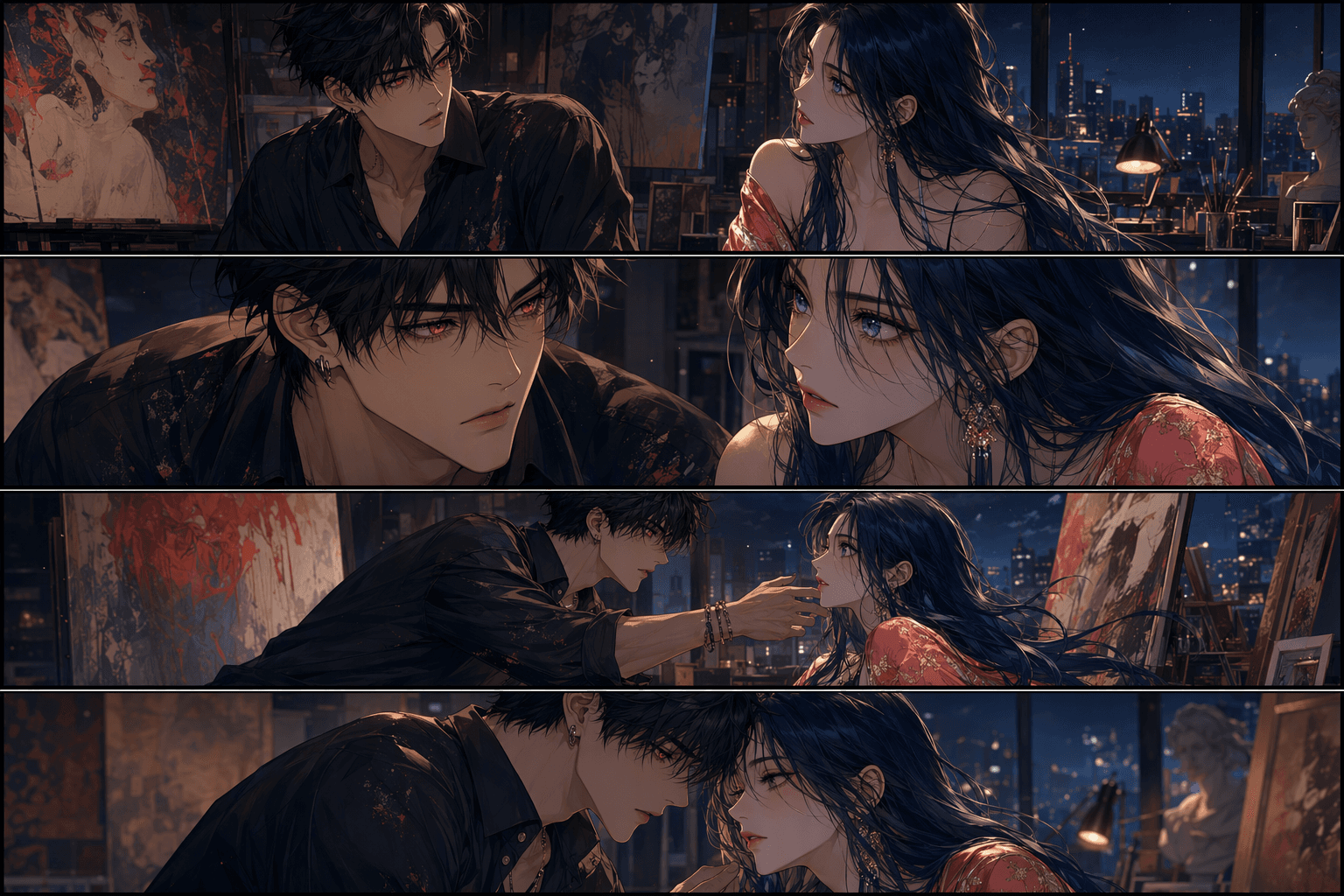 Polished four-panel anime webtoon sequence featuring the same original adult leads in a dramatic late-night studio scene