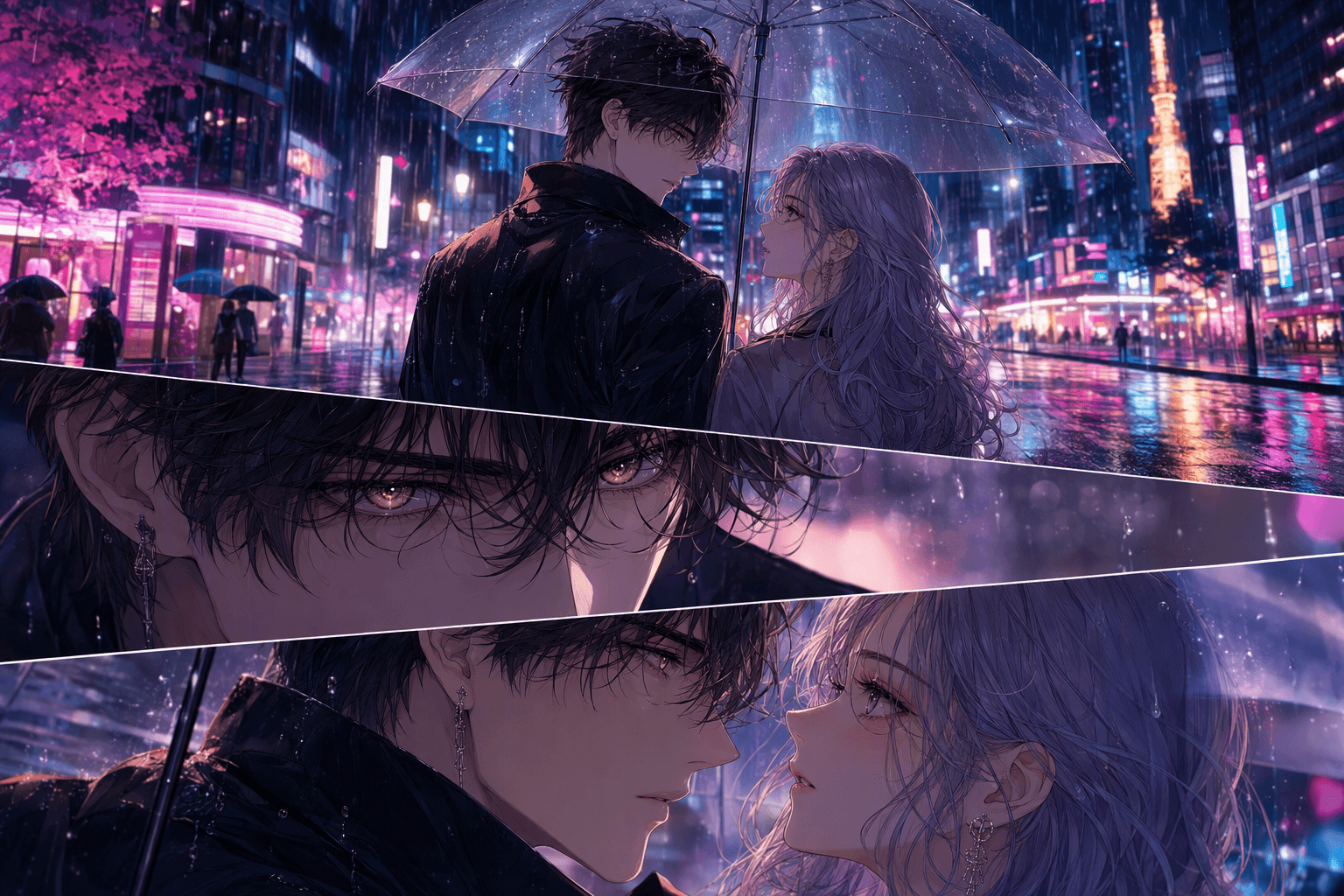 Cinematic text-to-webtoon sequence with an original adult couple meeting beneath an umbrella on a neon rainy night