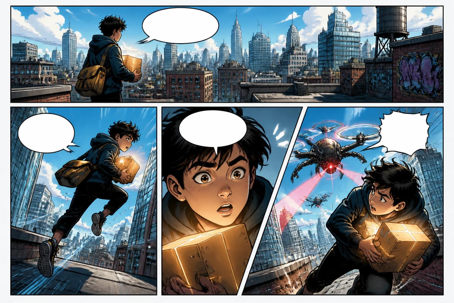 Amerikaanse comicpagina met brede, hoge, close-up-, diagonale en actiepanelen voor flexibele layouts