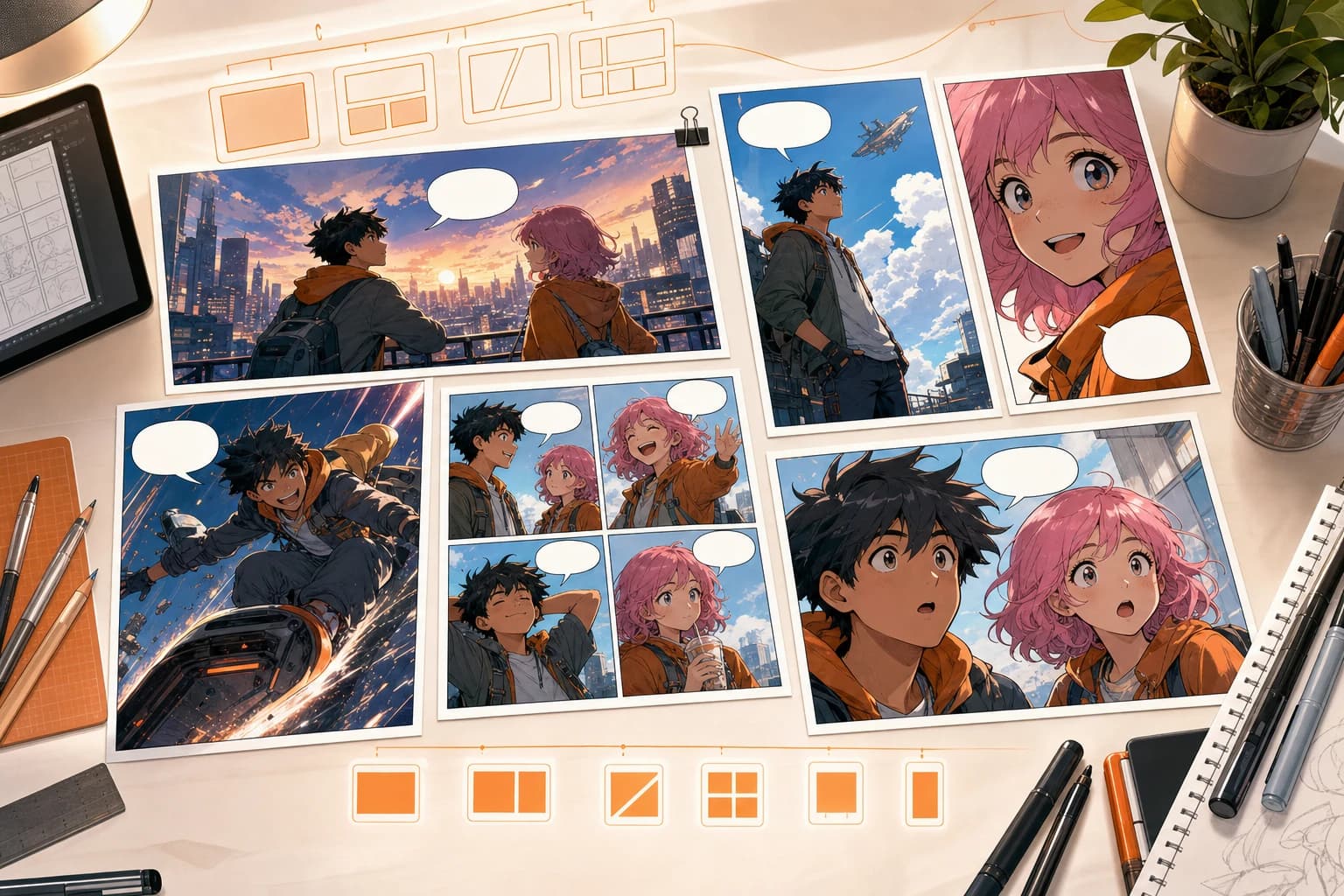 Layout panel strip komik fleksibel dengan panel lebar, tinggi, close-up, aksi, dan reaksi