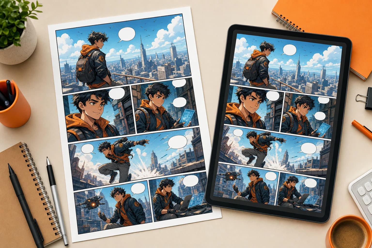Output halaman komik profesional beresolusi tinggi yang ditampilkan di kertas dan tablet