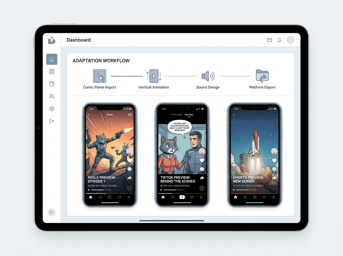 Vertical social video previews created from comic panels